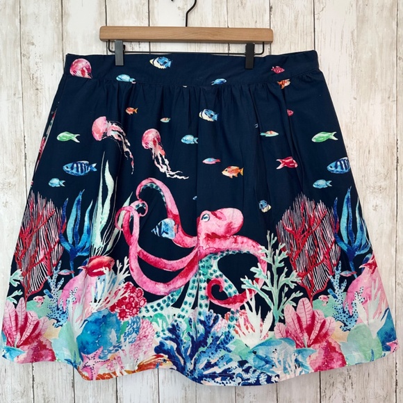 Modcloth Blue Ocean Marine Life Octopus Fish Print Mini A-Line Full Skirt Sz. 2X - Picture 4 of 15
